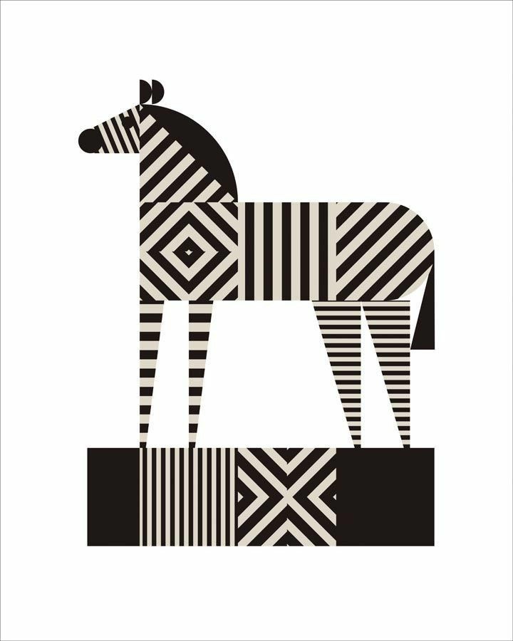 a black and white art print with a zebra on it's side in a frame