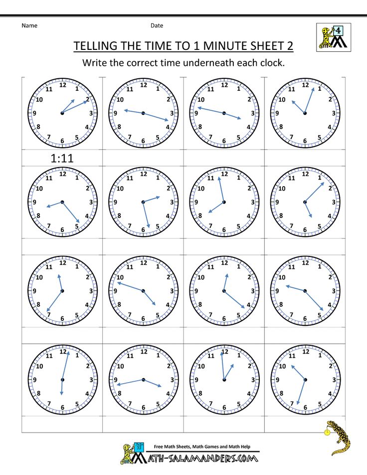 telling time to 1 minute clock worksheet for kids with pictures on the front