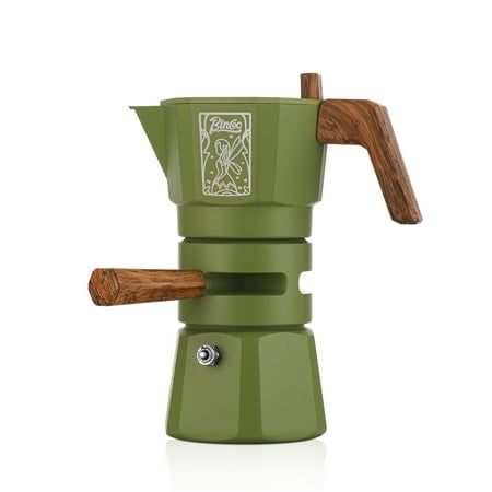 a green coffee maker with wooden handle and handles on the top, in front of a white background