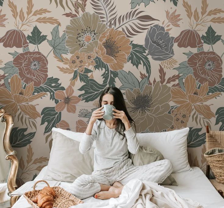 Bohemian Style Anemone Floral Bouquet Wallpaper Mural Bouquet Wallpaper, Soft Flowers, Girls Room Wallpaper, Coastal Wallpaper, Romantic Wallpaper, Shabby Chic Boho, Navy Wallpaper, Bold Wallpaper, Wallpaper Peel