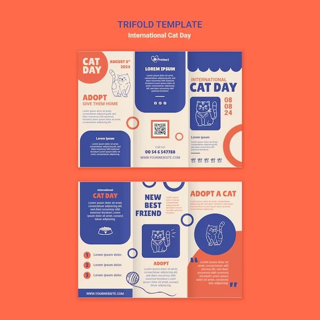 two fold brochure templates for cat day on an orange and blue background