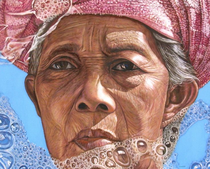 a painting of an old woman wearing a pink hat and holding a snake in her hand