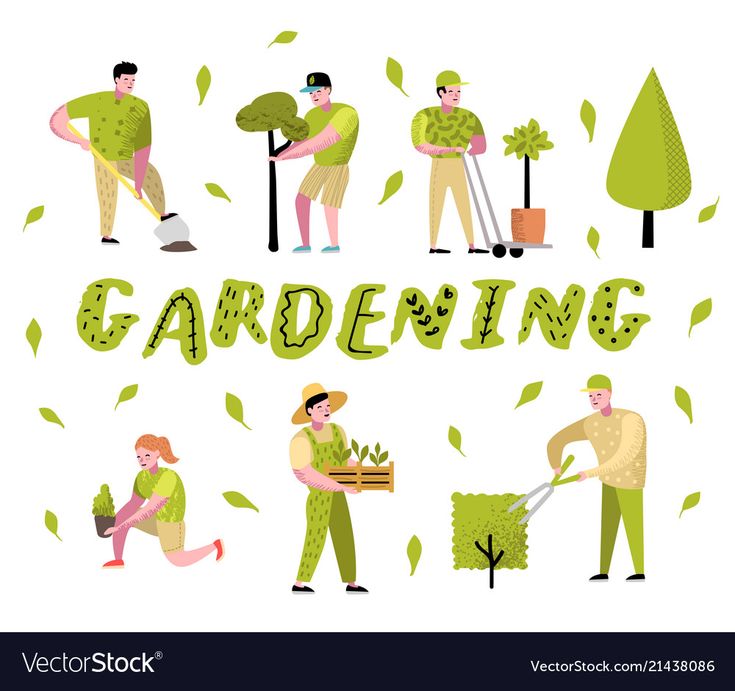 people working in the garden with green plants and gardening tools on white background, flat style