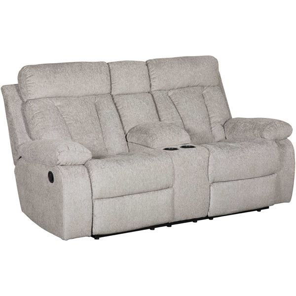 the reclining loveseat has two seats and is light gray with black piping