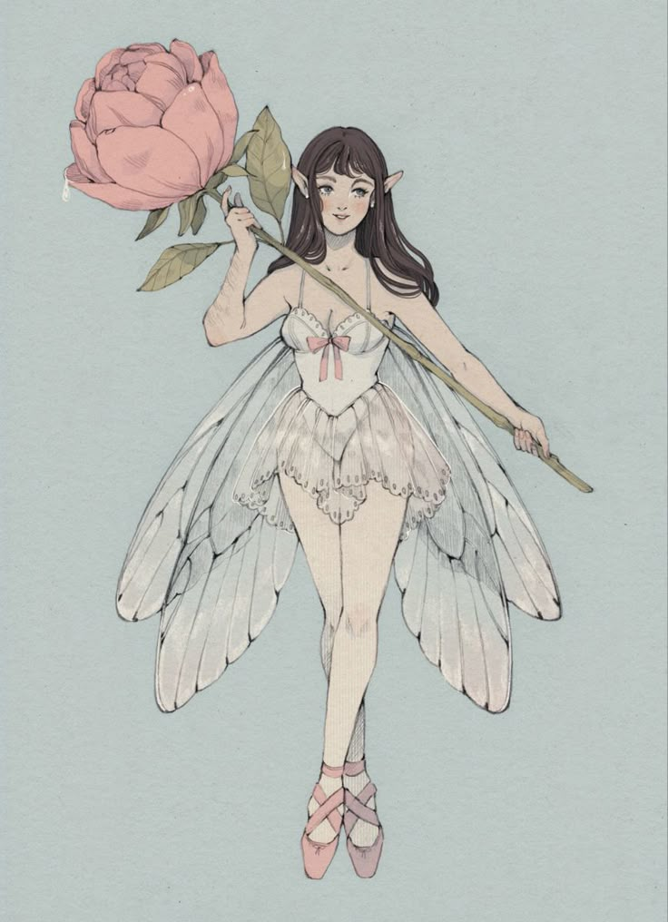 a drawing of a fairy holding a rose in one hand and an arrow in the other