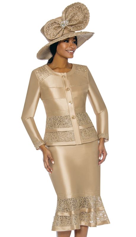 Terramina 7736-GO ( 2pc Silk Look Ladies Church Suit With Embroidery )-Hat Church Suits And Hats Gold, Church Suits And Hats Casual, Pastor Wives Dresses, Luxury Beige Church Hat, Womens Church Suits, Elegant Embellished Wedding Sets, Festive Formal Lace Sets, Fitted Evening Sets For Festive Occasions, Fitted Festive Evening Sets