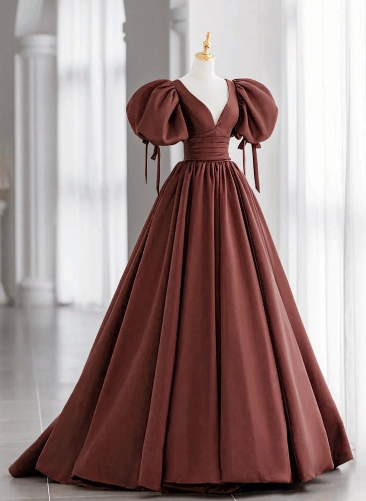 Brown Satin Short Sleeves Long Party Dress Outfits For Girls Ball Gown Short, Brown Prom Dresses, Yellow Homecoming Dresses, Orange Prom Dresses, Purple Homecoming Dress, Burgundy Homecoming Dresses, Grey Prom Dress, Long Party Dress, Satin Ball Gown