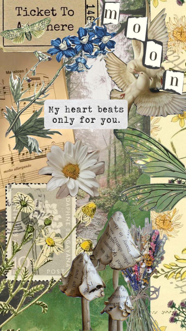 a collage with flowers, birds and words written on the side of it that reads ticket to heaven my heart beats only for you