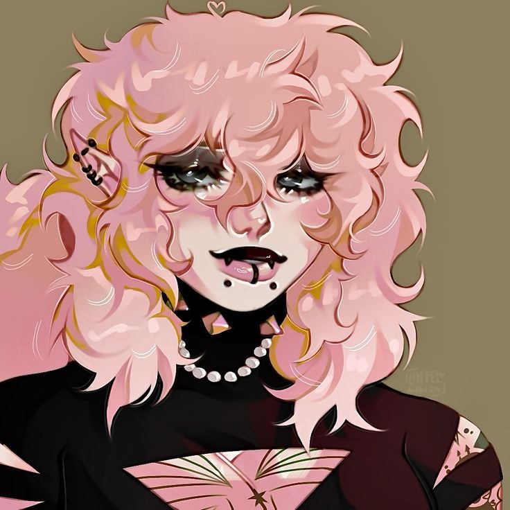 a drawing of a woman with pink hair and piercings on her face, wearing a black dress