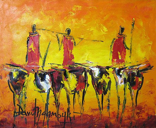 an oil painting of some people standing in the middle of a line with cows behind them