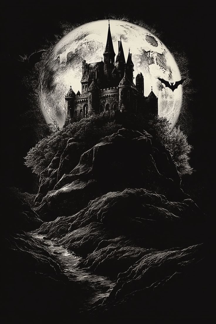 a castle on top of a hill in front of a full moon