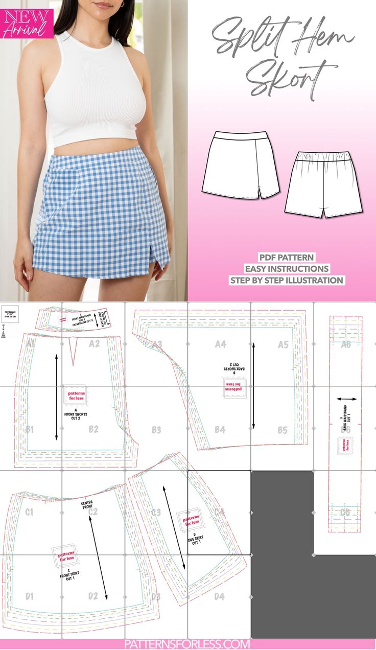 Split Hem Skort Sewing Pattern Solid Split Front Skort, Flippy Skirt Sewing Pattern, Beach Skirt Pattern Sewing, Sewing Tennis Skirts Patterns, Sewing Patterns For Skirt, Skirt Sowing Pattern, Kawaii Items Sewing Patterns, Sewing Gym Shorts, Sewing Patterns Free Beginner Skirt