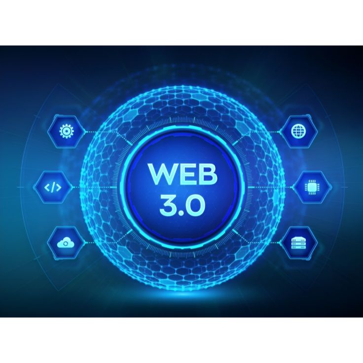 the word web 3 0 surrounded by blue hexagonal shapes and icons on a dark background