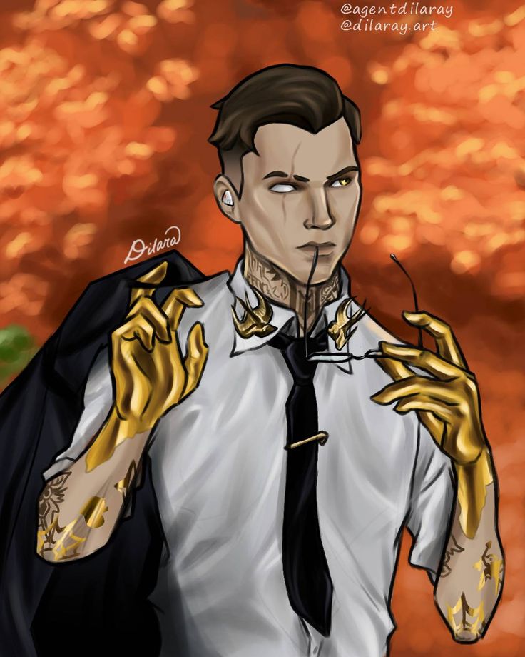 a drawing of a man in a tie and gold gloves