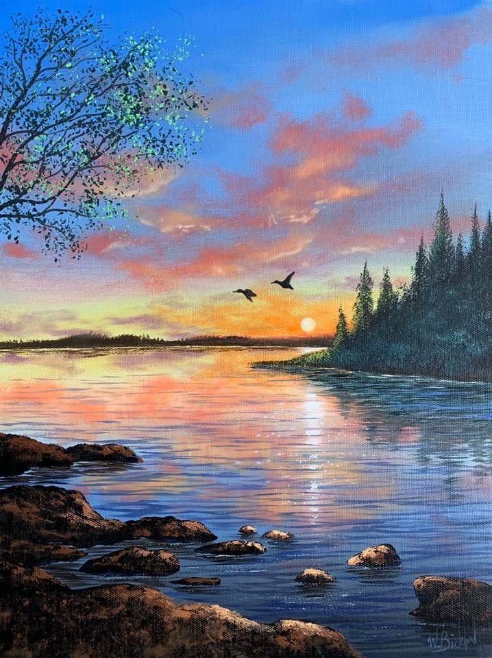 a painting of two birds flying over a lake at sunset with the sun going down