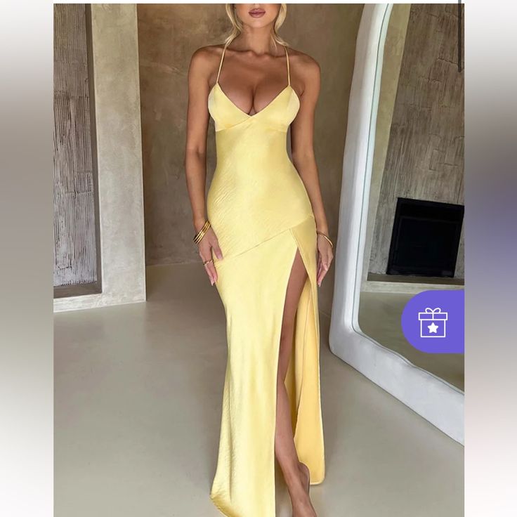 Brand: Sthcute Color: Light Yellow Size: S Matric Dance, Backless Long Dress, Suspenders For Women, Club Party Dresses, Split Maxi Dress, Sling Dress, Split Dress, Satin Maxi Dress, Maxi Dress Party