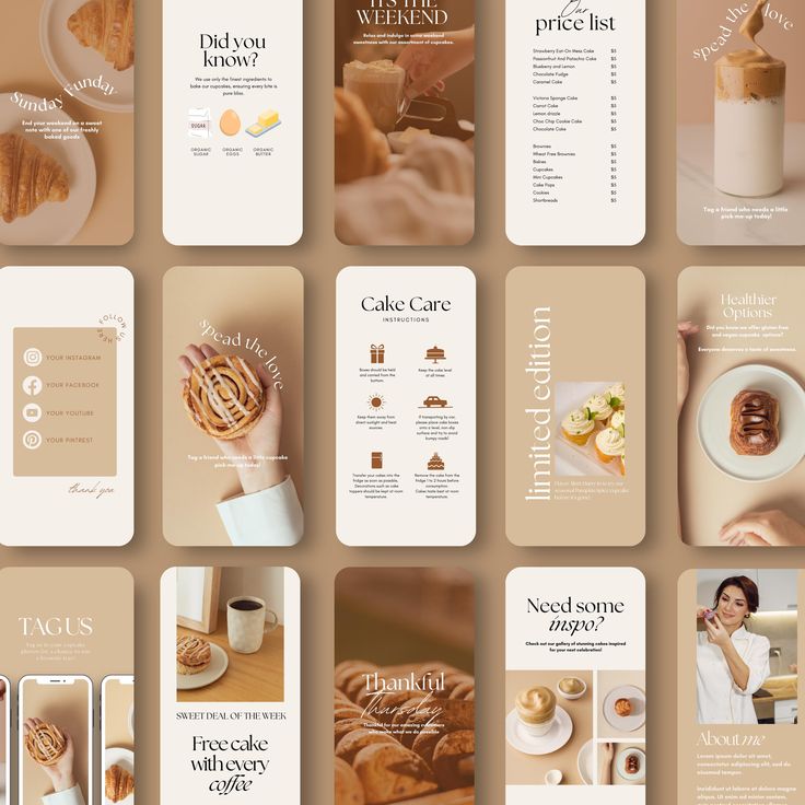 a series of brochures with coffee and pastries