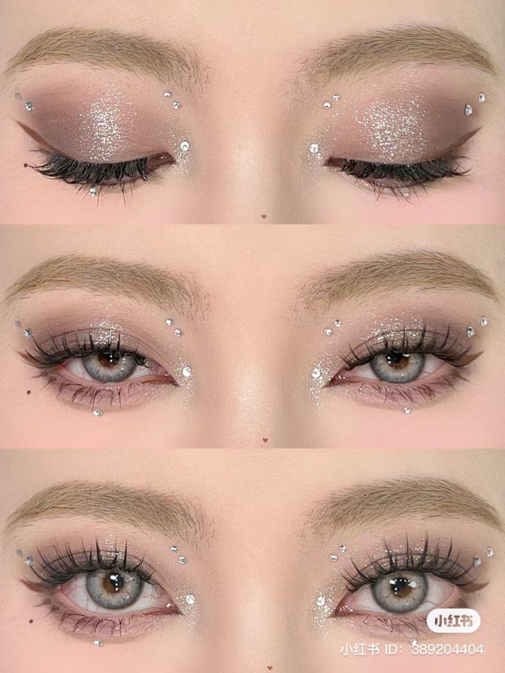 Makeup For Beige Outfit, Jeweled Makeup Looks, Make Up With Strass Glitter, Rhinestone Face Makeup, Strass Makeup Eyes, Pearl Makeup Looks, Pearl Eye Makeup, Douyin Eye Makeup, Gem Makeup