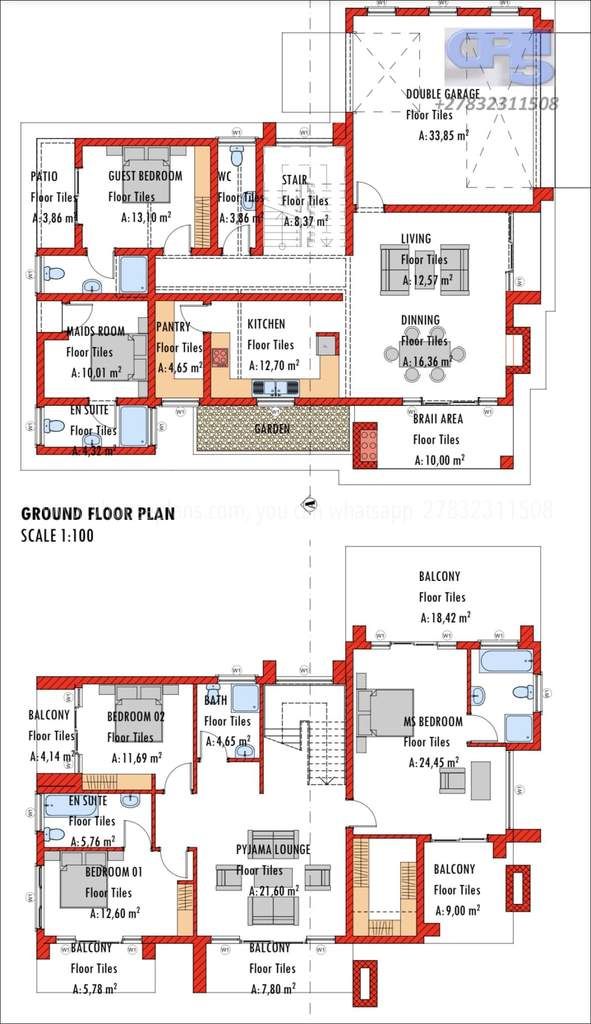 two story house plans with red and white trimmings on the second floor, and one