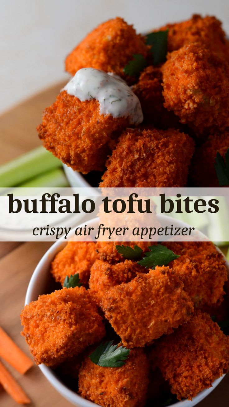 a white bowl filled with fried tofu bites next to carrots and celery sticks