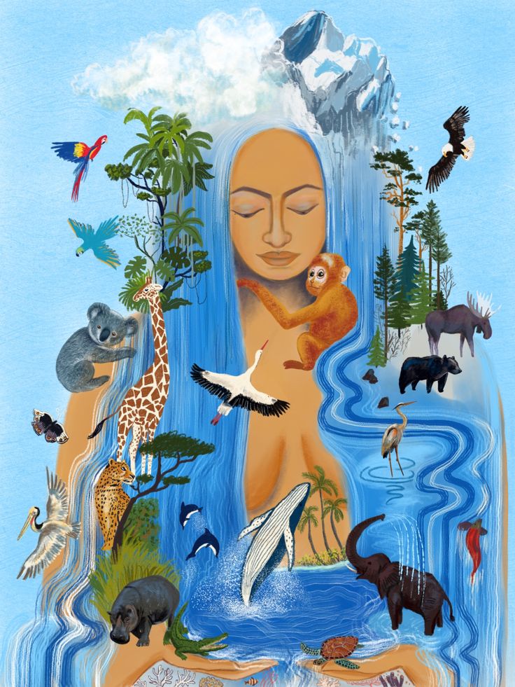 a painting of a woman surrounded by animals and birds in the water with mountains behind her