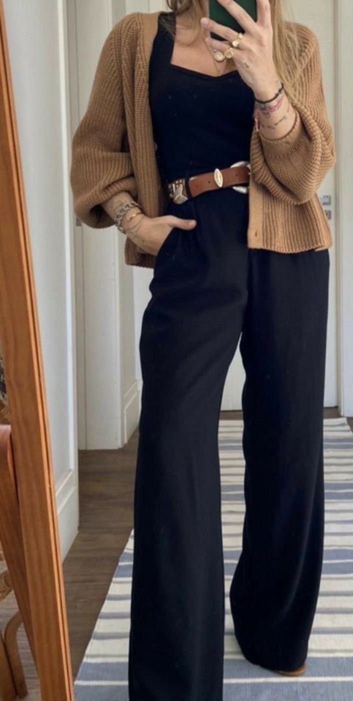 Brown Top Outfit Work, Cream Duster Outfit, Cute Teacher Picture Day Outfits, Black And Brown Business Outfit, Black Outfit With Brown Shoes, City Work Outfits, Teacher Outfits Black Pants, Black Pants Teacher Outfit, Fall Outfits For Work Offices