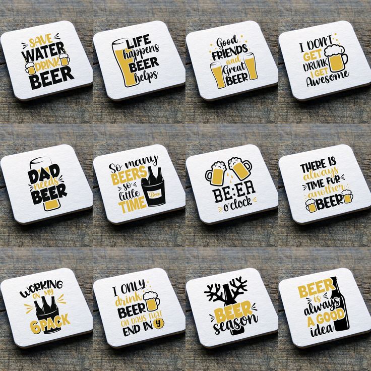 six coasters with different types of beer and sayings on them, sitting on a table