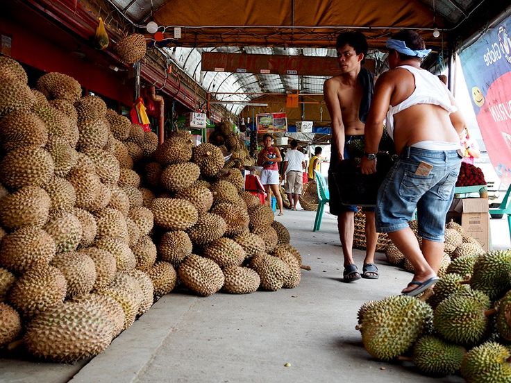 two men standing next to piles of pineapples at an open air market area