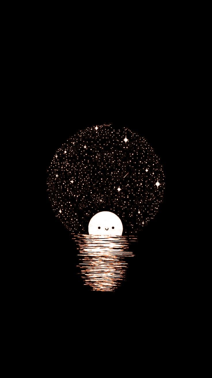 the moon is reflected in the water and stars are shining on it's surface