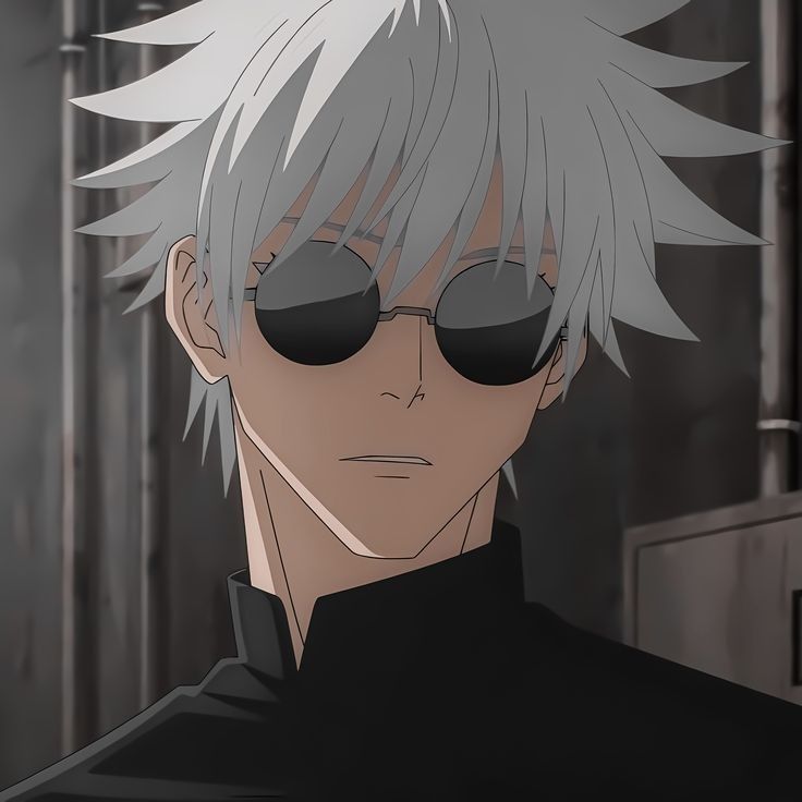 an anime character with white hair and sunglasses looking at something in front of his face