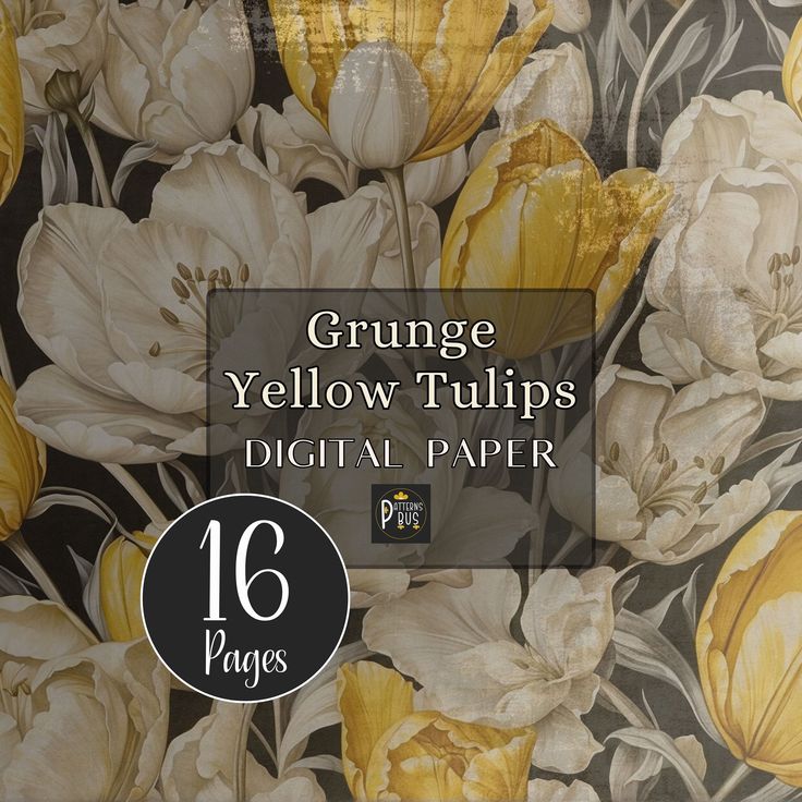 large yellow tulips digital paper with black and white floral pattern on the background