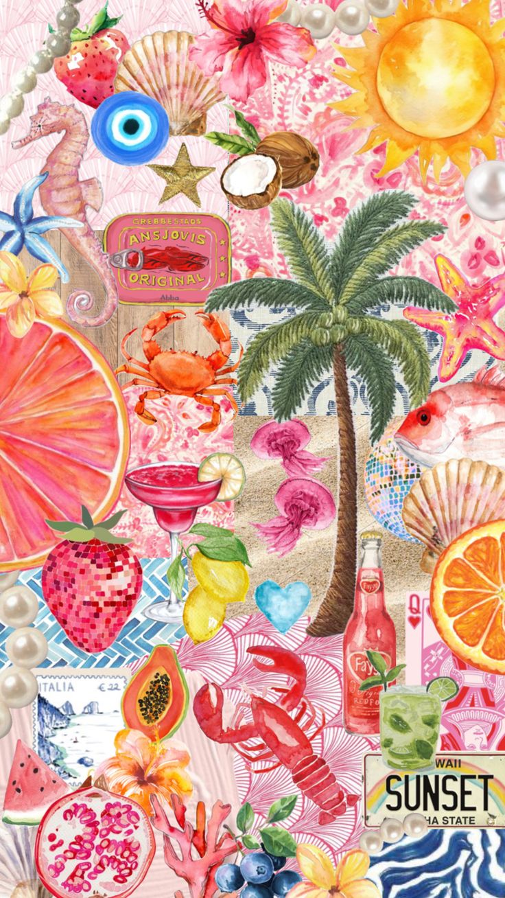 a collage of various items including fruit, flowers and palm trees with the words sunset on it