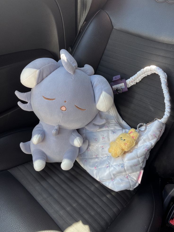 a stuffed animal sitting in the back seat of a car