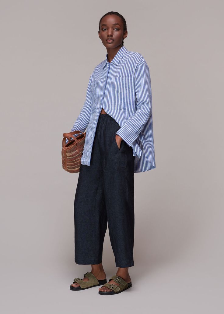 Blue Stripe Shirt Women Outfit, Navy Linen Trousers Outfit, Blue Stripe Pants Outfit, Navy Blue Pants Outfit Women, Navy Blue Trousers Outfit, Navy Trousers Outfit, Striped Linen Pants Outfit, Linen Pants Outfit, Minimal Wardrobe