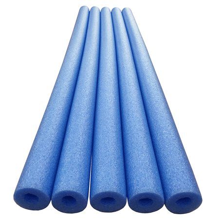 six blue foam tubes are lined up on a white surface with no one in the photo