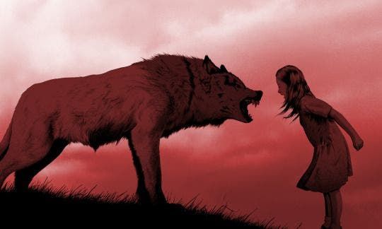 a woman standing next to a wolf in front of a red and pink sky with clouds