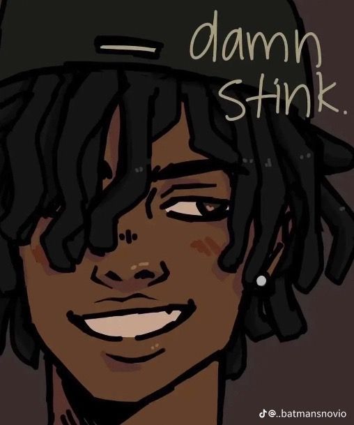 a drawing of a person wearing a hat with the words damn stink written on it