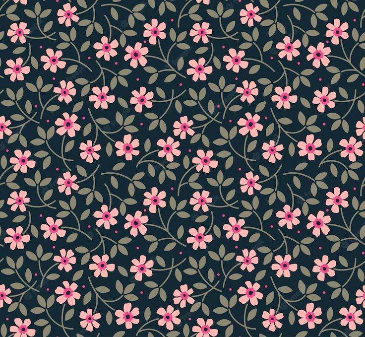 a floral pattern with pink flowers and green leaves on a dark blue background stock photo