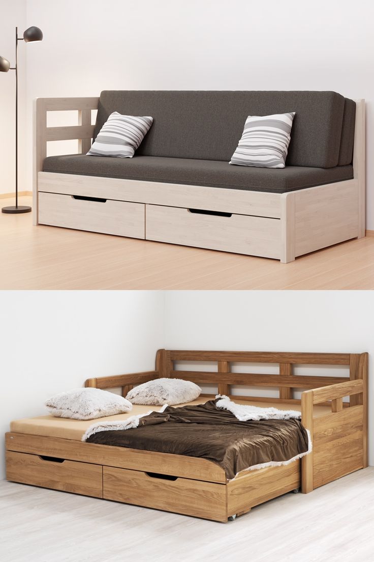 the bed has two drawers under it and is made out of wood with white pillows on top