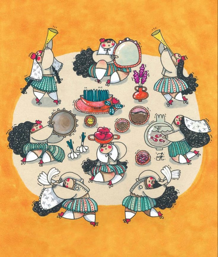 an illustration of people dancing around a cake