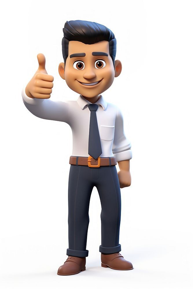 a cartoon man giving the thumbs up sign with both hands and wearing a white shirt and tie