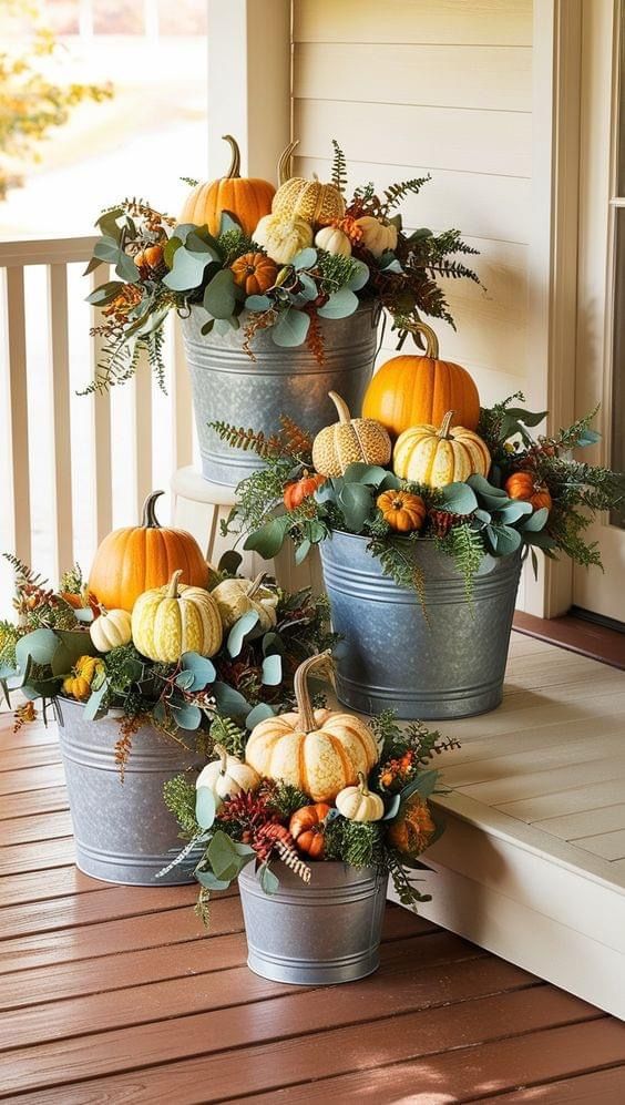 three buckets filled with pumpkins and greenery sitting on a porch next to a door