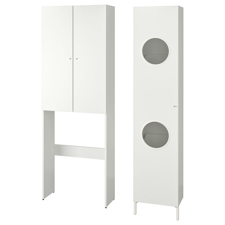 two tall white cabinets next to each other with holes in the front and back doors