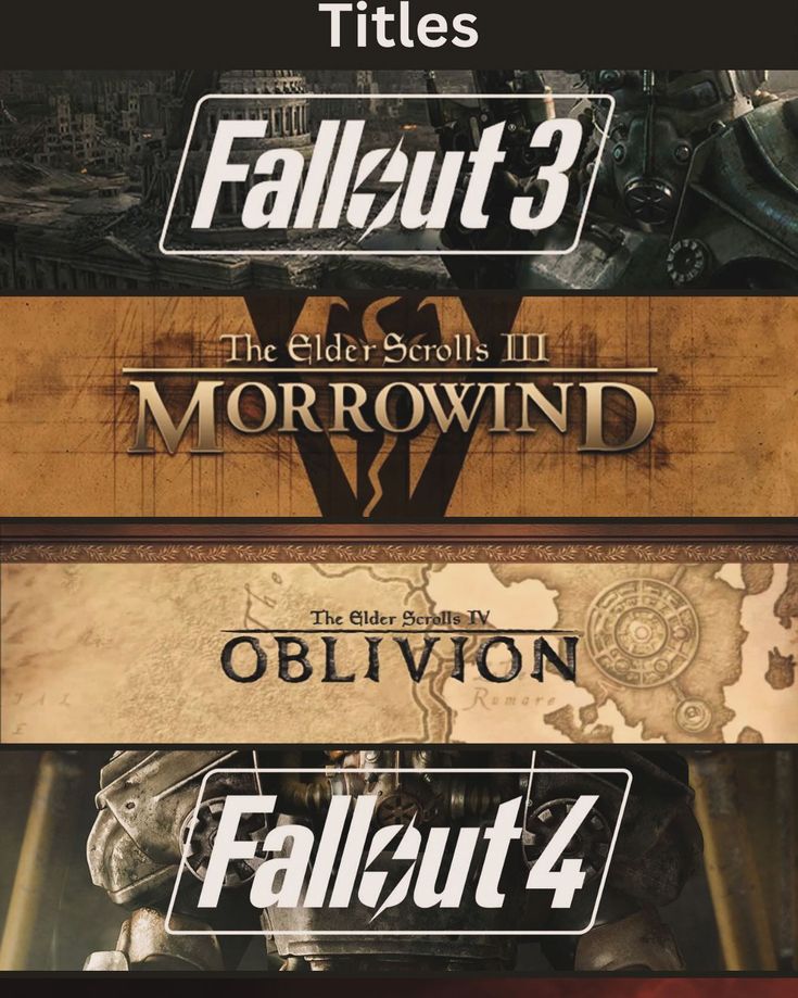 four titles for the video game fallout 3, which are in different colors and font