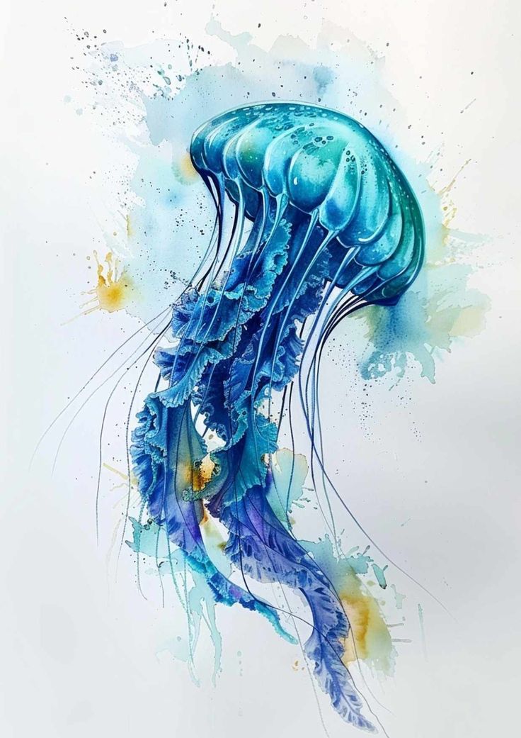 a painting of a blue jellyfish with watercolor splotches on it's body