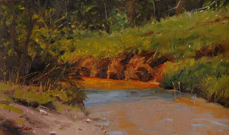 an oil painting of a stream in the woods