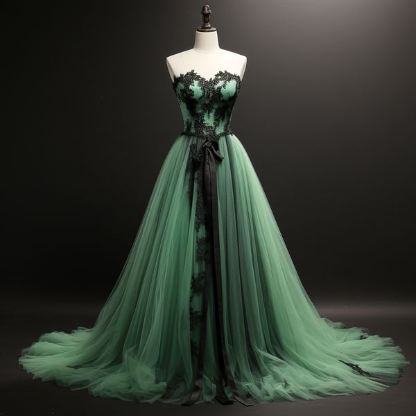 Black & Green Dress, Dark Green Dress Elegant, Dark Green And White Wedding Dress, Vintage Green Wedding Dress, Enchanted Dress Fairytale, Black And Dark Green Wedding Dress, Green Forest Wedding Dress, Black And Emerald Green Wedding Dress, Black And Green Wedding Dresses