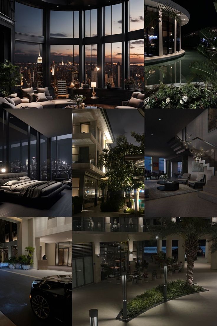 a series of photos showing the inside and outside of a building at night, with lights on