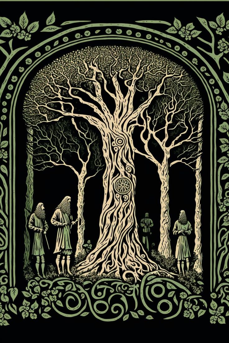 an illustration of people standing in front of a tree