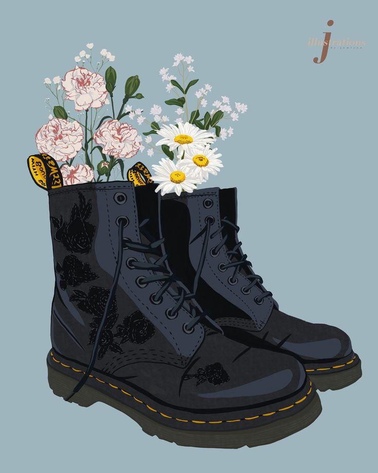 a pair of black dr martens boots with flowers in them on a blue background